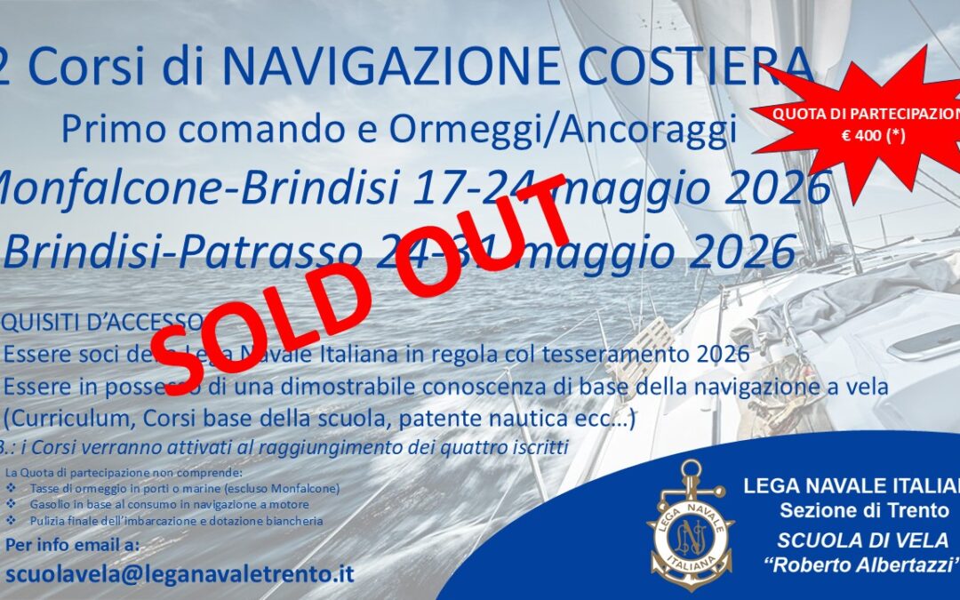 Due Corsi navigazione costiera/Primo comando – Monfalcone Brindisi Patrasso (17-24-31 maggio)