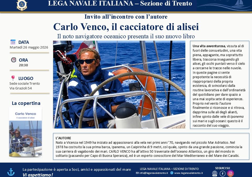 Incontro con l’autore: Carlo Venco, il cacciatore di Alisei (martedì 26 maggio)