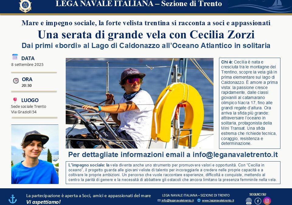 Dalle montagne del Trentino all’oceano: la sfida di Cecilia che martedì 8 settembre incontrerà soci e appassionati